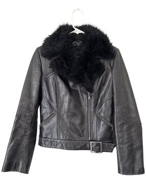 Y2K Express Moto Jacket Size Medium Genuine Leather Faux Fur Collar Biker Black